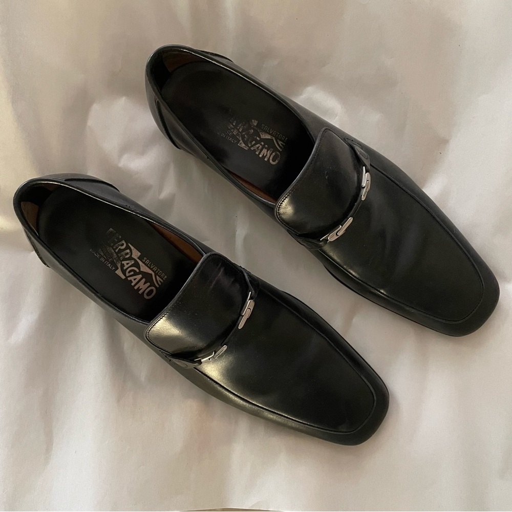 Salvatore Ferragamo Black Polished Leather Slip-Ons